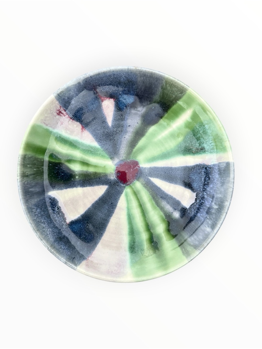 Handmade Glazed Ceramic Art Plate in Green, Blue & Red custom